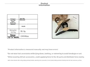 Detailed size and weight chart for a large acrylic shark hair claw in dark brown and black