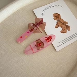 Cute plaid bow hair clip set with pink star pattern and brown bear for women