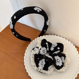 Serre-tête Rembourré Et Choucou Style Français Tweed Fleuri Avec Paillettes Et Bordure À Franges Accessoires Cheveux Femme
