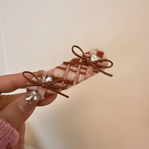 Pink and brown tweed plaid hair clip with chic bowknots and crystal heart accents