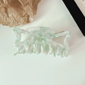 Elegant white and green marble texture acetate bow hair claw clip with gold lettering
