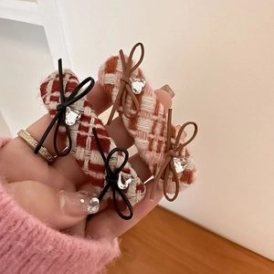 Vintage Tweed Plaid Bow Heart Hair Clip Sweet BB Clip Rhinestone Hairpin For Women Girls New Year Christmas Hair Accessory