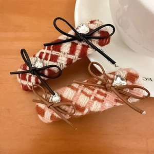 Sweet plaid tweed hair clips with faux leather bows and heart crystal embellishments