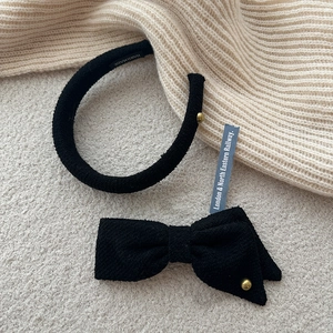 Vintage Black Tweed Bowknot Headband And Hair Clip With Gold Button Handmade Autumn Winter Hair Accessories For Women