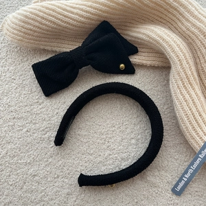 Black tweed bow clip and headband set with gold accents and handmade detail