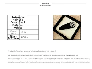 Detail showing dimensions of black velvet snowflake hair clip with shiny rhinestones