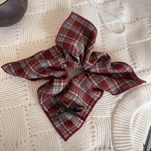 Retro red plaid scrunchie with black leather bow tie for low ponytail styling