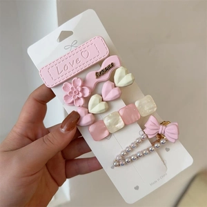 Lot de 5 pinces à cheveux roses de style coréen avec fleurs en résine et perles