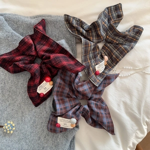 Vintage Plaid Fabric Bow Scrunchie With Beads Checkered Hair Ring For Women Girls Sweet Fashion Hair Ties Headwear Accessories