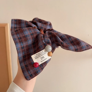 Vintage plaid hair scrunchie with colorful resin buttons and woven label decoration