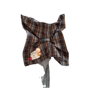 Plaid checkered fabric scrunchie with bow tie and decorative resin beads hair accessory