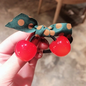 Sweet red cherry hair tie with green polka dot bow and elastic band for women