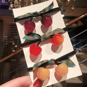 Korean Style Sweet Cherry Hair Tie Polka Dot Bow Ribbon Elastic Rubber Band Resin Fruit Hair Accessory For Girls Women