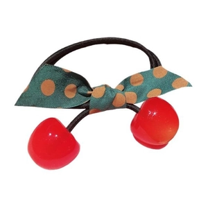 Pastoral cherry hair tie with black elastic band and green polka dot satin bow