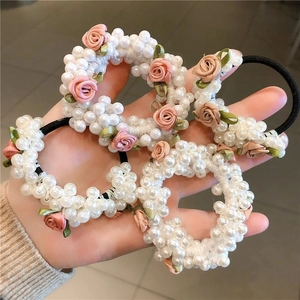 Chouchous Coréens avec Künstliche Perles et Roses pour Femmes Filles Élégants Accessoires Cheveux en Tissu Floral Esthétique