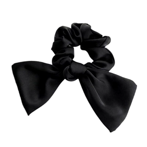 Elegant black satin bow hair tie scrunchie for women with glossy silk texture finish