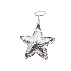 Shiny silver star keychain with metallic crinkle texture and polished metal ring