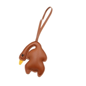 Creative brown leather roasted duck bag charm with yellow beak and long lanyard