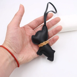 French Bulldog leather bag charm with litchi pattern and brown collar detail