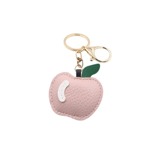 Pink PU leather apple keychain with green leaf and gold metal ring for bags