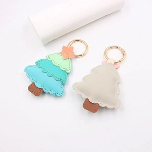 Creative layered leather Christmas tree keychain charm with golden lobster clasp and stitching