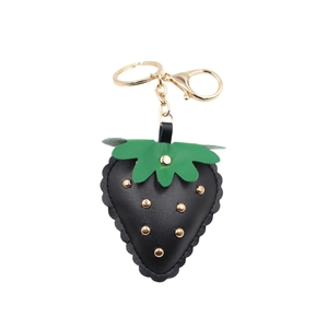Punk style black leather strawberry keychain with gold rivets and metal clasp