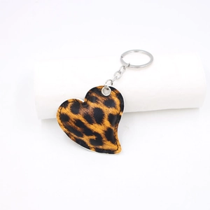 Detail shot of leopard print leather heart keychain with silver metal ring and black stitching