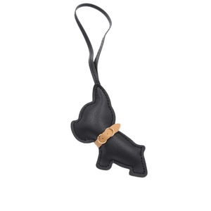 French Bulldog leather charm accessory in black with brown collar on white background