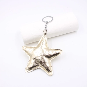 Sparkling gold star leather keychain with snake texture and silver metal ring for bags