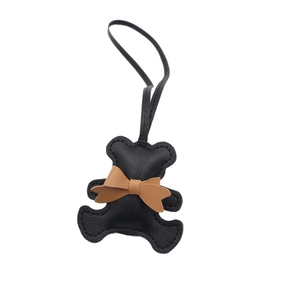 Cute black leather bear keychain with brown bow tie and lanyard for bag decoration