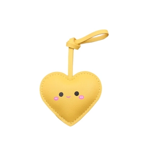 Pendentif de sac en cuir jaune en forme de cœur avec visage mignon et lanière