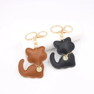 Cute Cartoon Cat PU Leather Keychain With Rhinestone Gold Metal Tag Animal Shape Bag Charm Key Ring For Women