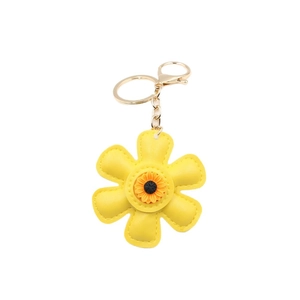 Yellow leather sunflower keychain with golden lobster clasp for handbags and accessories