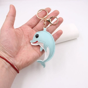 Cute light blue dolphin leather keychain with golden lobster clasp and metal ring