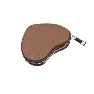 Brown litchi grain leather heart-shaped mini coin purse with silver zipper closure
