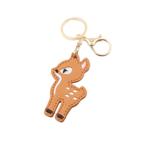 Porte-clés cerf en similicuir marron avec broderie et mousqueton en métal doré