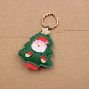 Christmas tree leather keychain with Santa illustration and rose gold ring clip