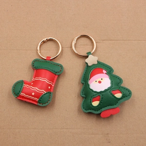 Festive Christmas Tree Santa Claus Sock PU Leather Keychains Gold Alloy Clips Christmas Decorations For Bag Car Hanging Ornaments
