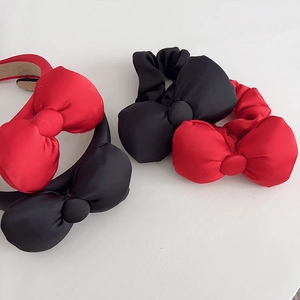 Elegant satin bow headband and scrunchie set in red and black for hair styling