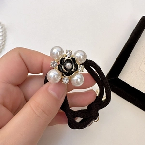Elegant black elastic hair tie with camellia pearl flower and gold alloy base