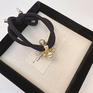 Elegant French style hair tie with camellia pearl flower on black braided rope