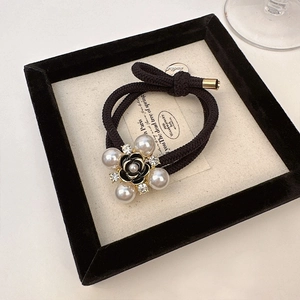 French Elegant Camellia Artificial Pearl Hair Tie Alloy Rhinestone Black Double Strand Elastic Hair Band For Women Hair Accessories