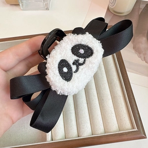 Pinza per capelli panda in peluche con fiocco in nastro nero per acconciatura invernale
