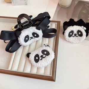 Set di Molletta per Capelli a Forma di Panda in Peluche Con Fiocco in Raso e Elastico per Capelli Accessori per Capelli