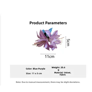 Detailed view of lily hair claw clip showing blue-purple velvet and fabric petal texture