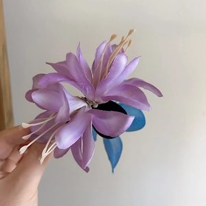 French style purple lily hair claw clip with realistic 3D silk fabric flower petals