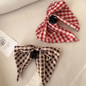 Pinze per capelli con fiocco a quadretti da donna, motivi plaid classici in rosso e marrone