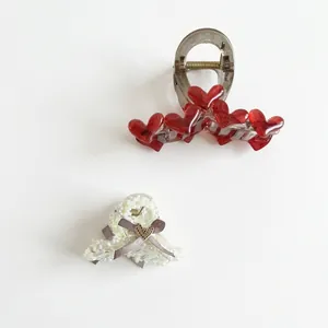 Elegant heart-shaped hair claw clips with red hearts and pearl bow hair accessories