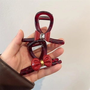 Elegant Burgundy Bow Hair Claw Clip For Women Fashion Acrylic Shark Clip Minimalist Hair Accessories Wine Red Ribbon Hair Grip