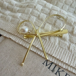 Élégante Pince à Cheveux Nœud en Alliage Doré Avec Künstliche Perle d'Imitation Strass Style Coréen Pince à Bec de Canard pour Femme